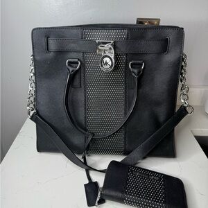 Michael Kors Hamilton large black microstud handbag with matching wallet